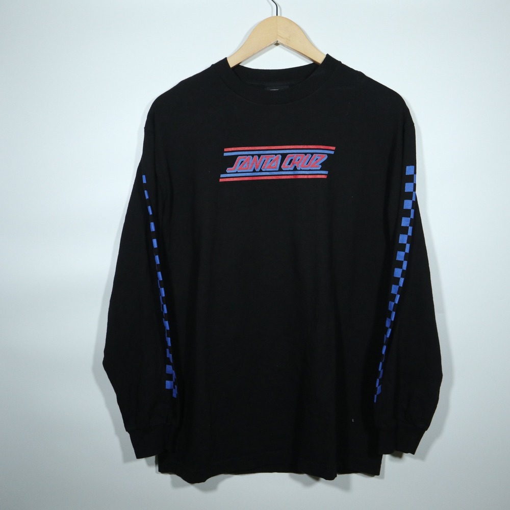 Santa Cruz Shirt Medium Black Skater Y2K Blue Checkered Sleeve Long Sleeve Tee